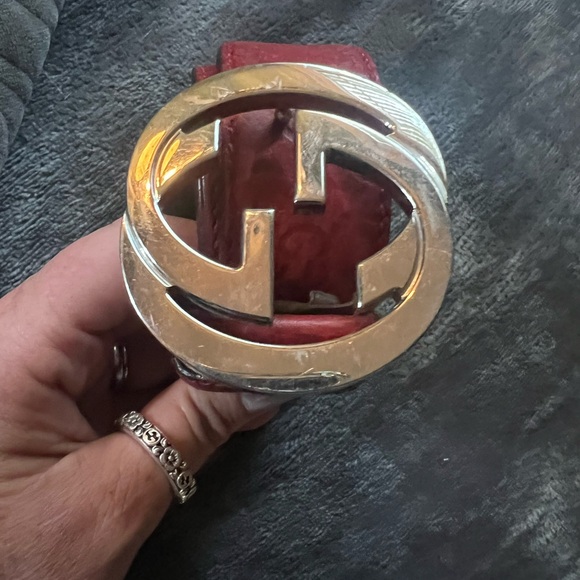 Vintage Gucci Red Leather Monogram Belt Silver Buckle 33 - Picture 5 of 6
